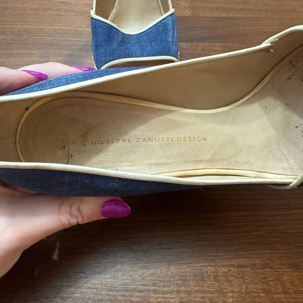 Designer Blue and Tan Espadrille Wedge Sandals - Picture 4 of 5
